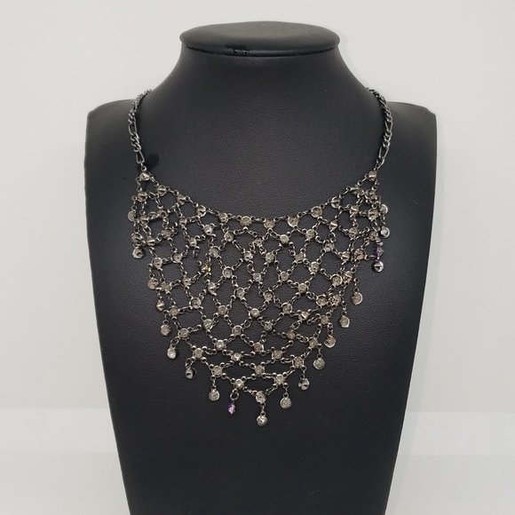 BEAUTIFUL!! Mesh Collar Cascade Purple Rhinestones Gunmetal Reversable Necklace - Picture 4 of 9